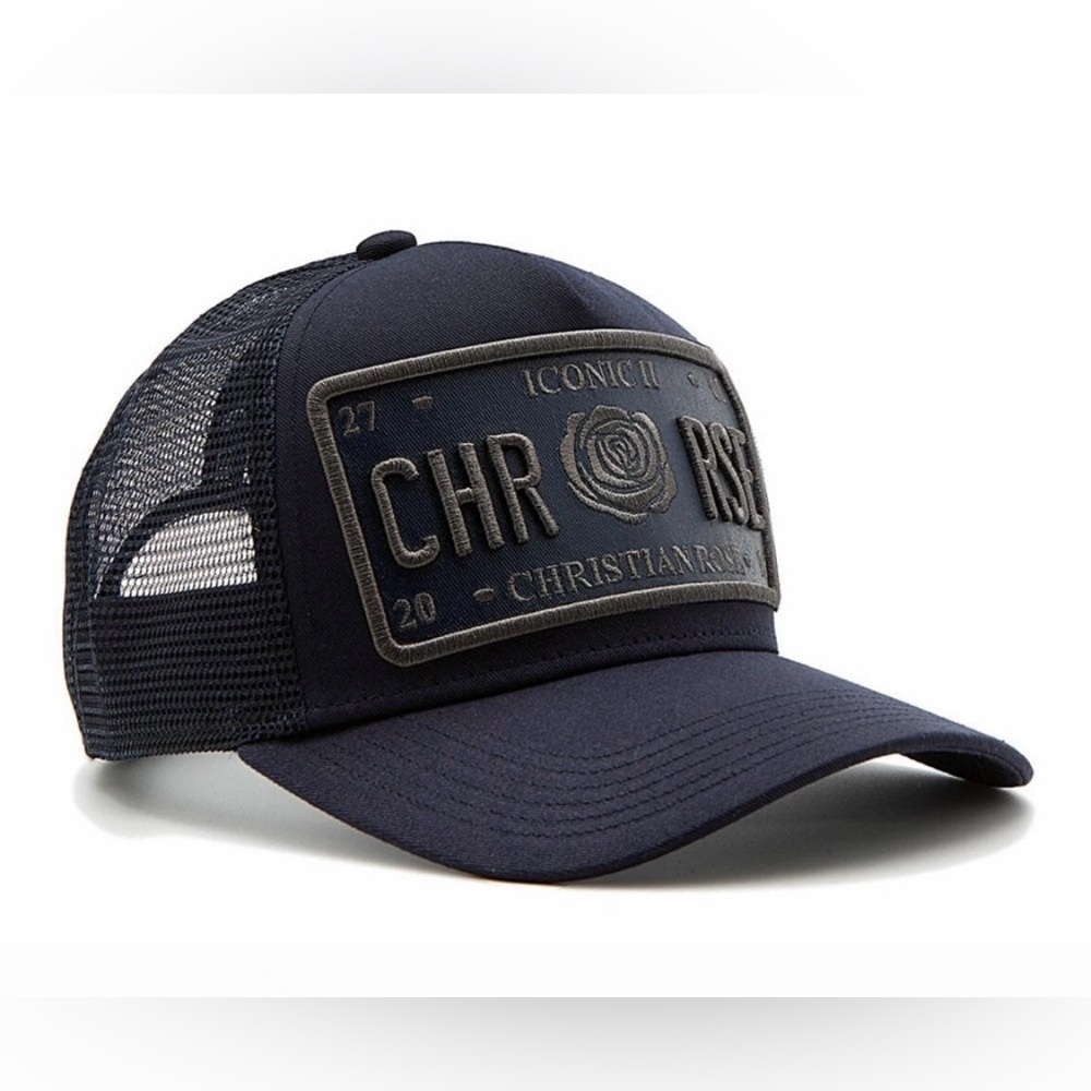 Christian Rose Navy Vinyl Iconic II Plate Men’s Trucker Baseball Cap - Picture 2 of 15